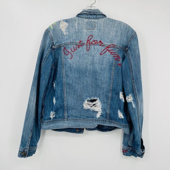 American Eagle Denim Trucker Jacket Size S Distress Embroidered Floral Cotton - Picture 2 of 12